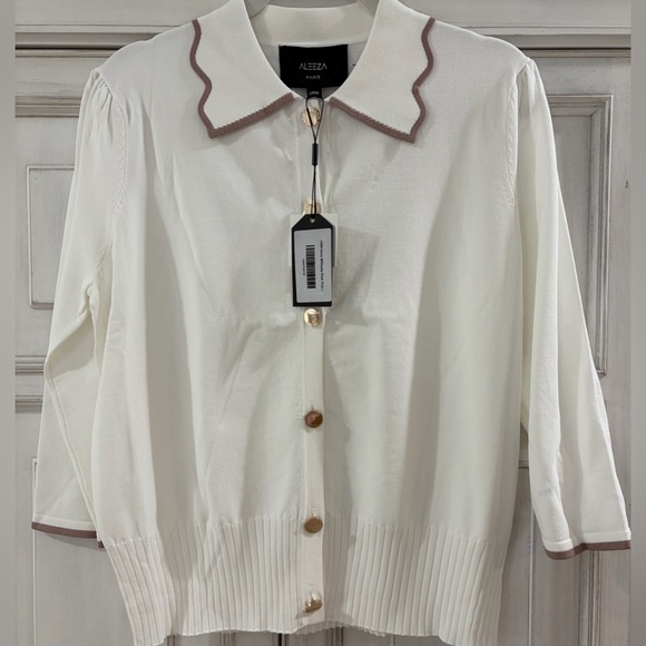 Aleeza Paris Sweaters - Alzza Women's White Cardigan Sweater with Brown Trim
